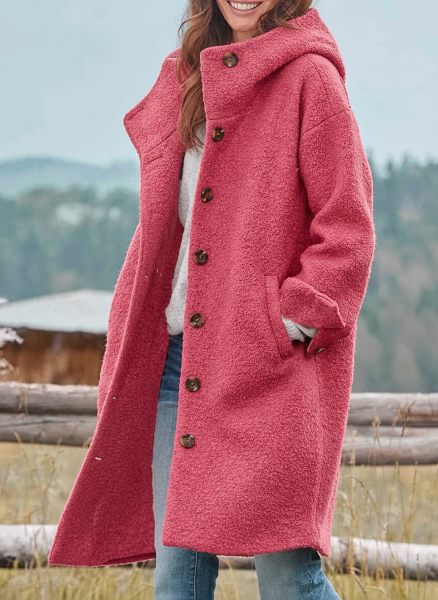 Cappotto lungo con cappuccio e bottoni da donna