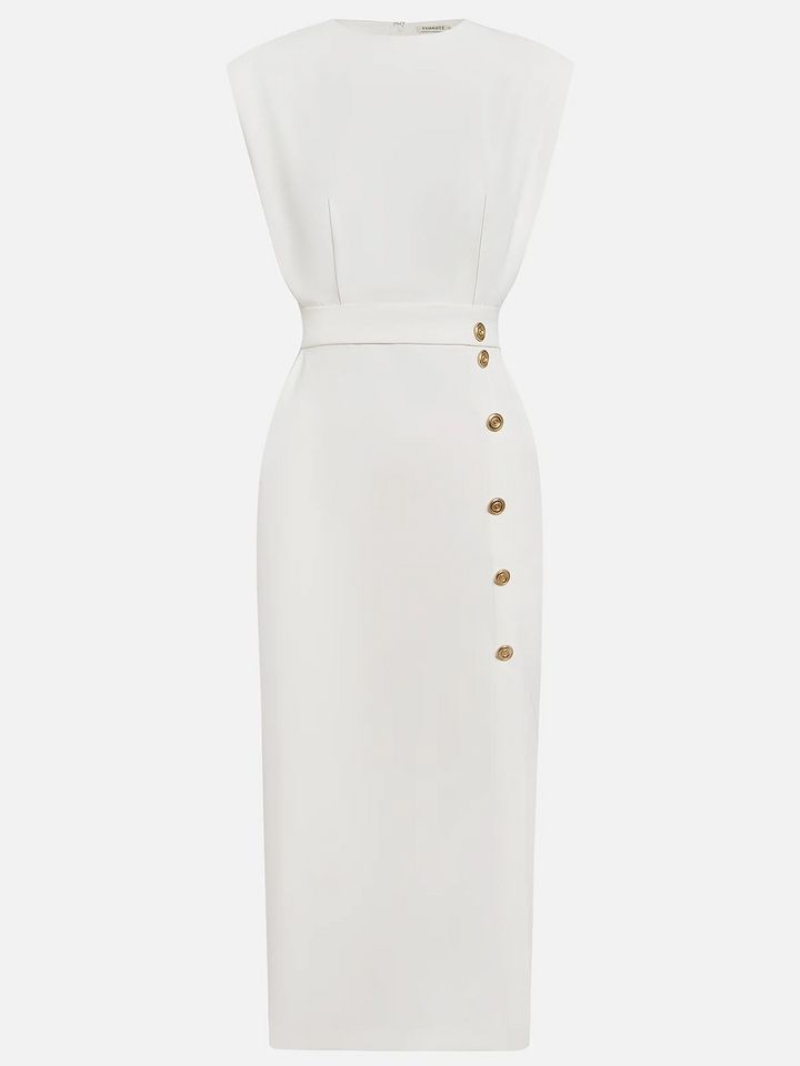 Vestito midi donna senza maniche con vita aderente e bottoni decorativi