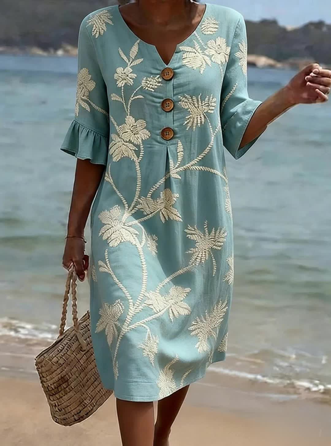 Vestido midi floral con cuello de pico y puños con volantes para mujer