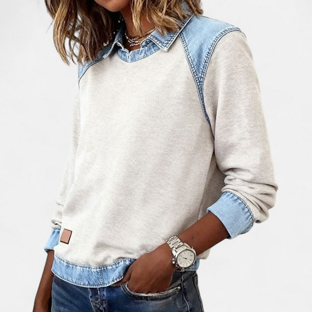 Suéter para mujer con efecto superpuesto, cuello y mangas largas