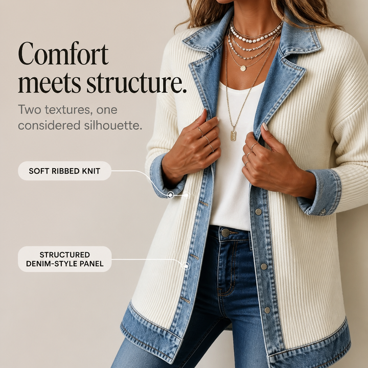 Gilet da donna in maglia a coste con inserti in denim
