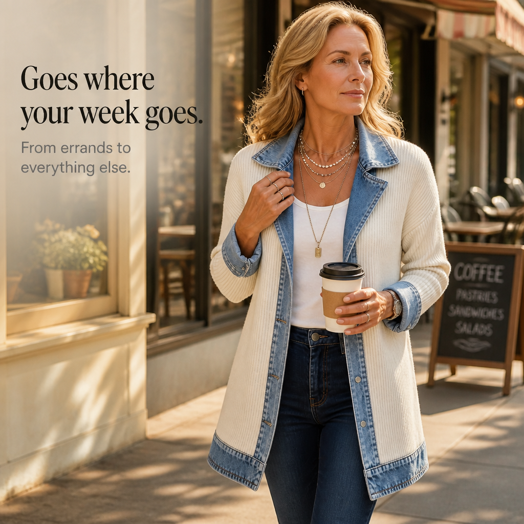 Gilet da donna in maglia a coste con inserti in denim