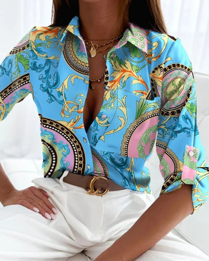 Dámská halenka s elegantním potiskem a límečkem