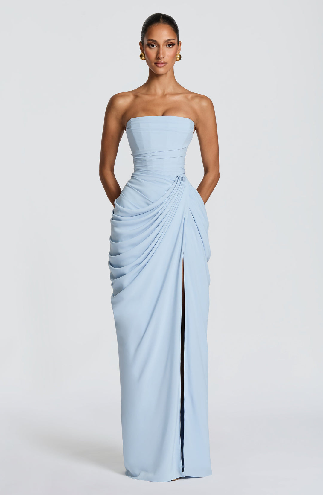 Long Draped Strapless Evening Dress for Women
