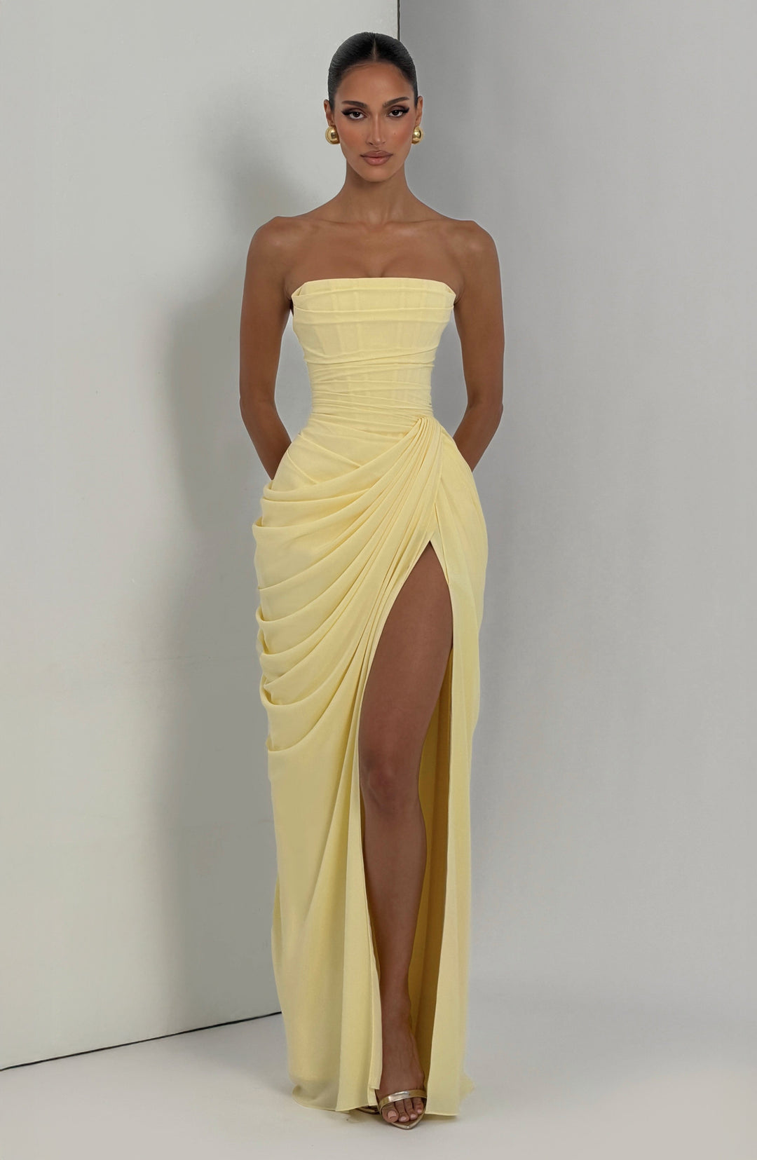 Long Draped Strapless Evening Dress for Women