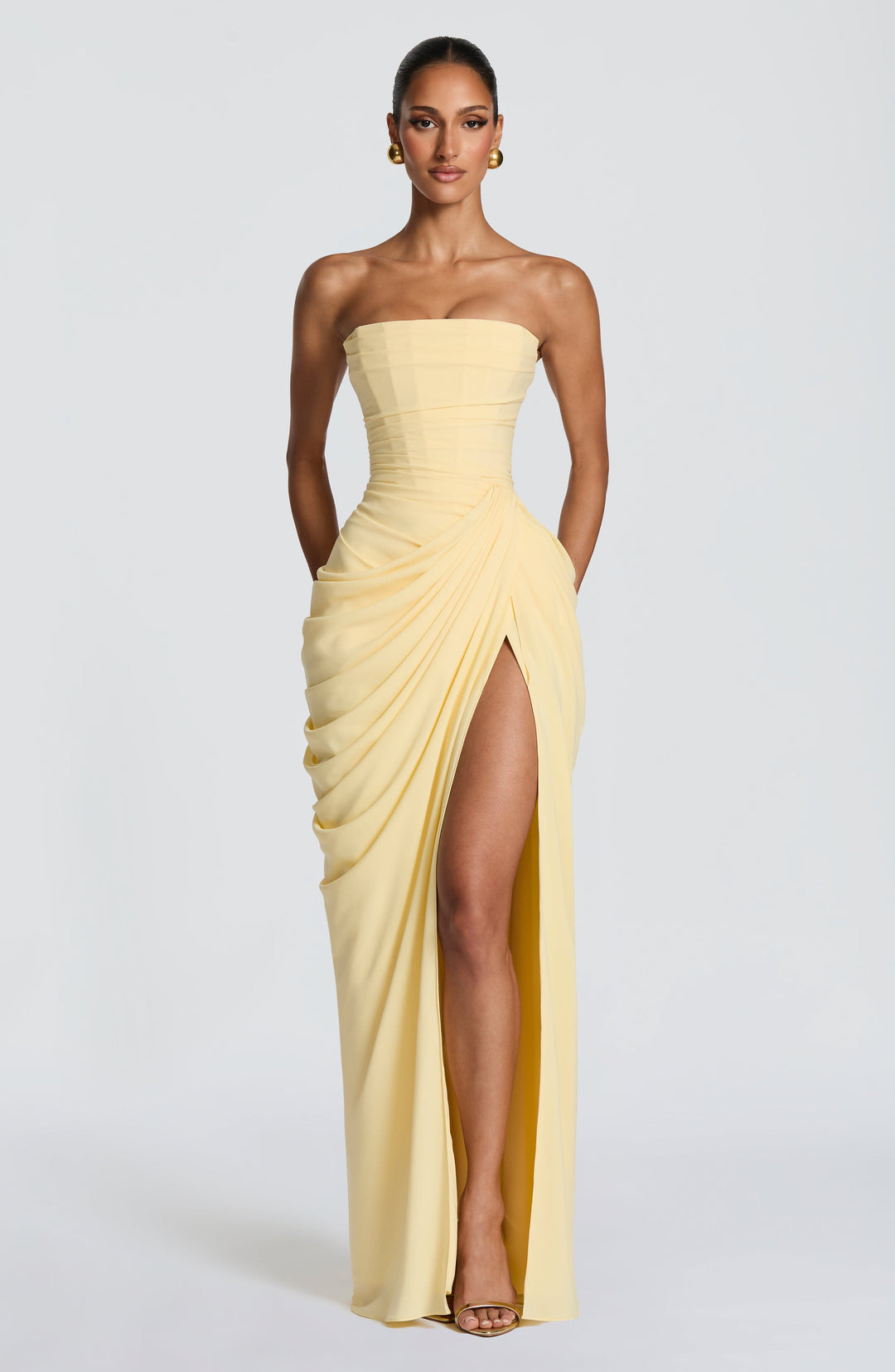 Long Draped Strapless Evening Dress for Women