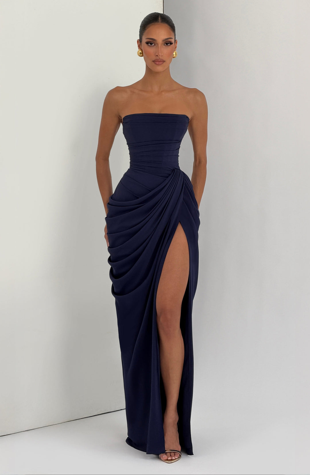 Long Draped Strapless Evening Dress for Women