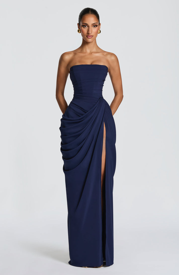 Long Draped Strapless Evening Dress for Women