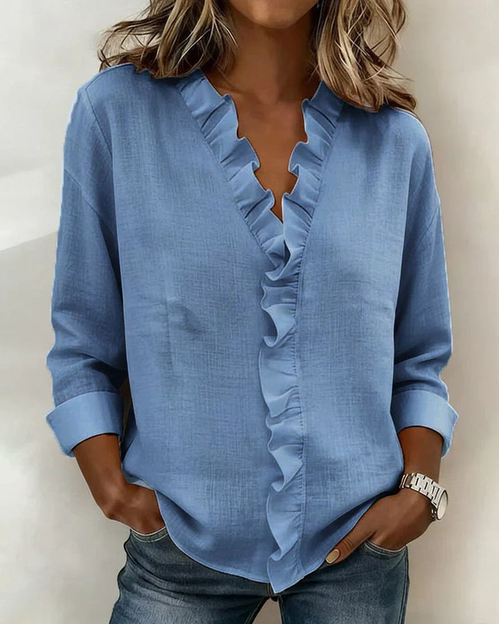 Blouse femme col V volants manches longues