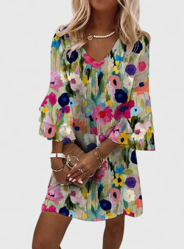 Robe Courte Femme Fleurie à Manches Évasées et Coupe Fluide