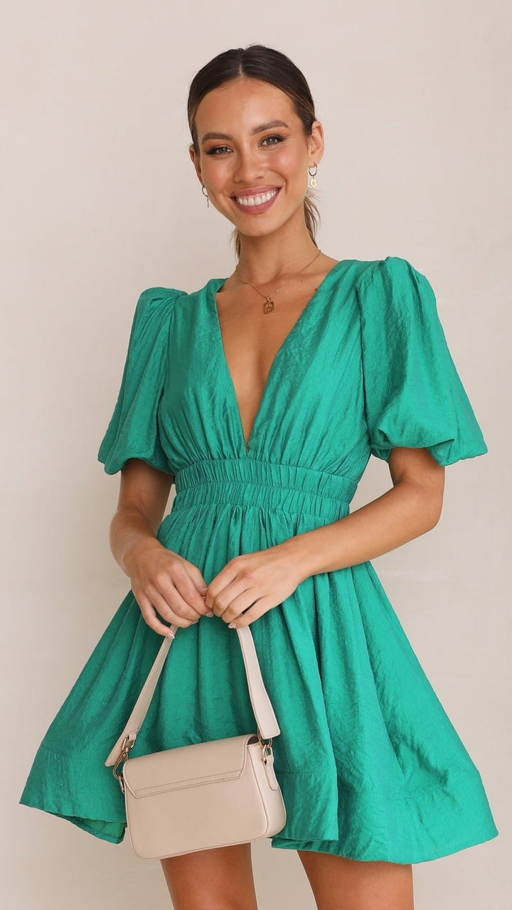 Robe Courte Femme à Col V et Manches Bouffantes