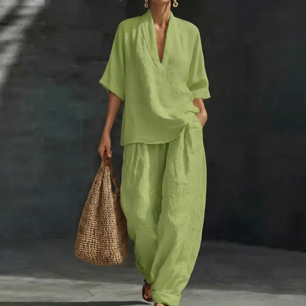 Ensemble Décontracté Fluide à Col V et Pantalon Ample pour Femme