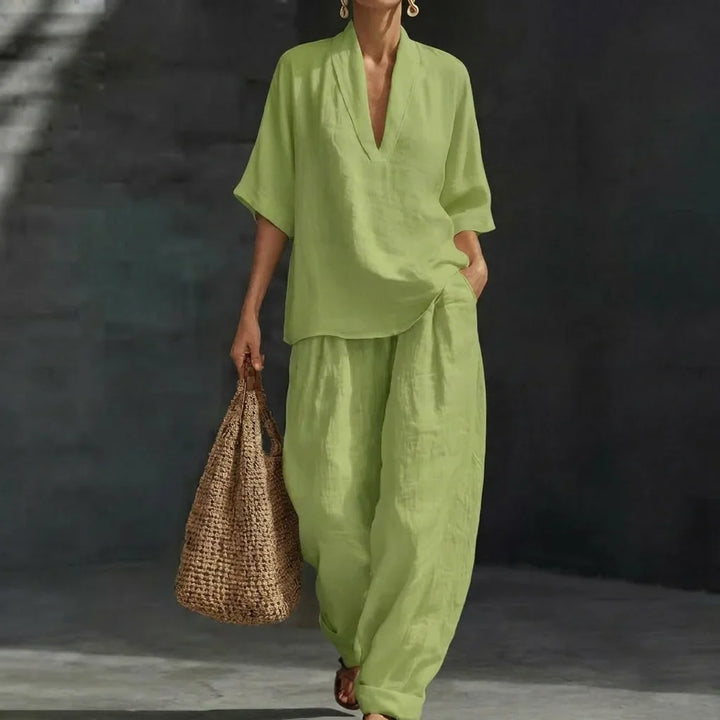 Ensemble Décontracté Fluide à Col V et Pantalon Ample pour Femme