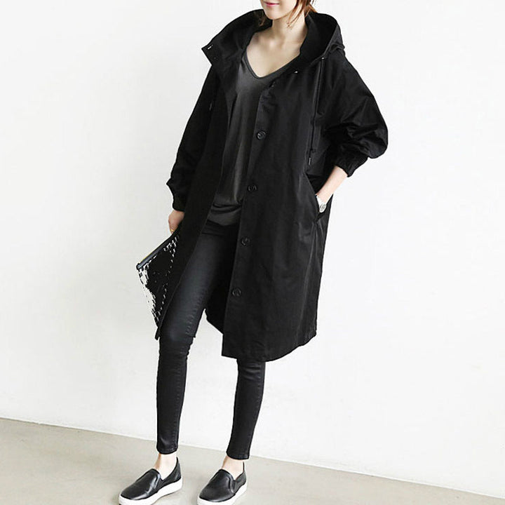 Trench-coat femme long à capuche et fermeture boutonnée