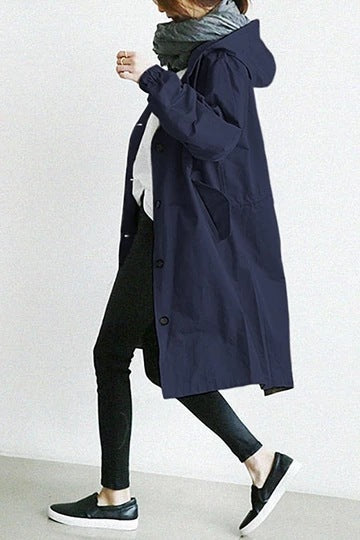 Trench-coat femme long à capuche et fermeture boutonnée