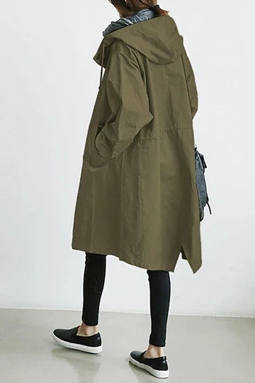 Trench-coat femme long à capuche et fermeture boutonnée