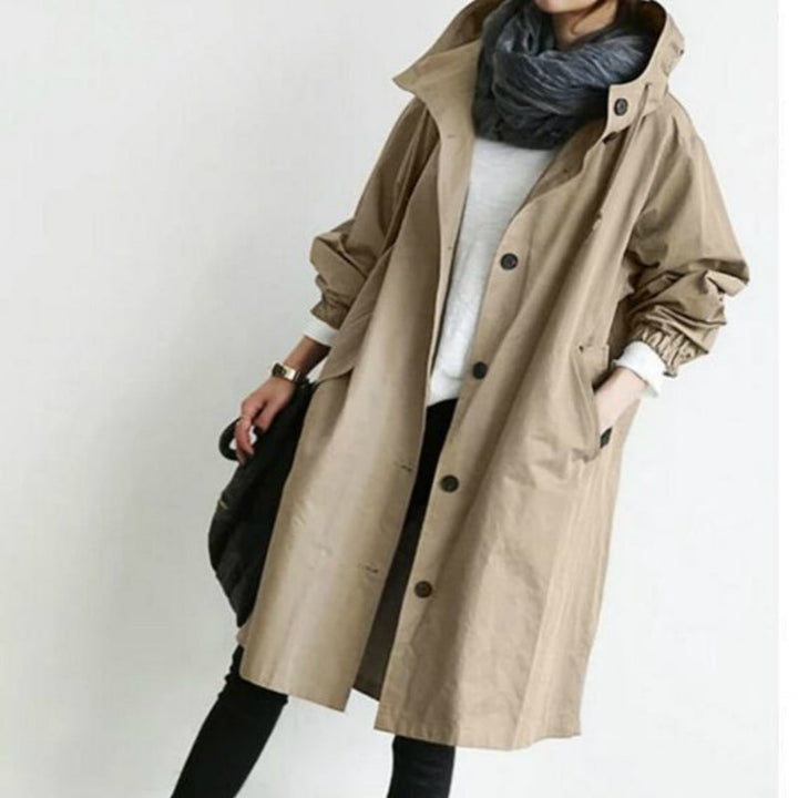 Trench-coat femme long à capuche et fermeture boutonnée