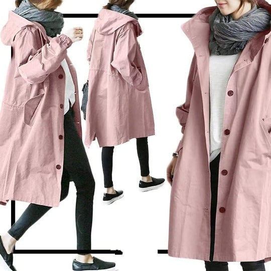 Trench-coat femme long à capuche et fermeture boutonnée