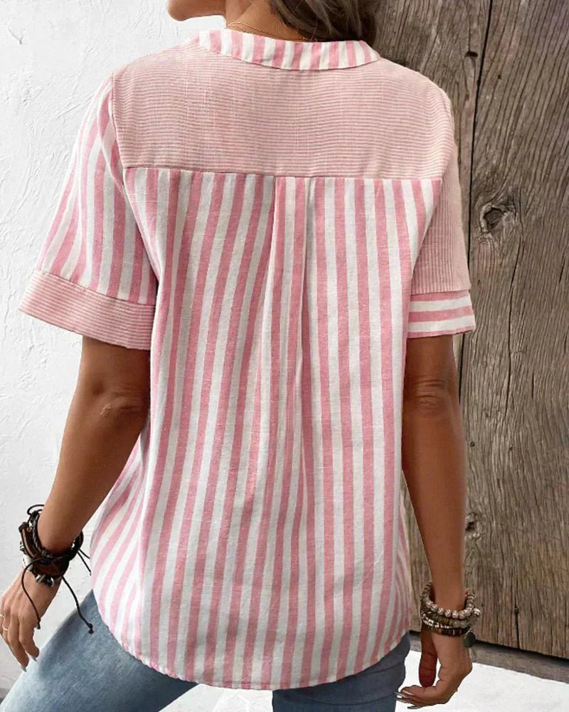 Casual Women's Blouse with Patchwork Striped Collar