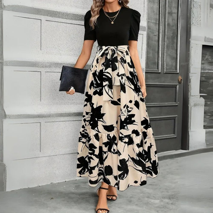 Robe Maxi Fleurie pour Femmes avec Haut Contrasté et Jupe Évasée