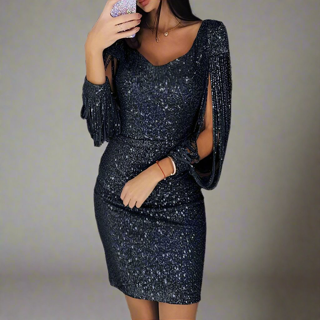 Miniabito da donna con paillettes, maniche lunghe e scollo a V