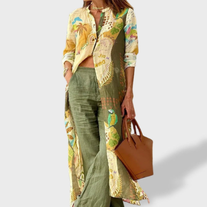 Completo da donna in 2 pezzi con camicia lunga stampata e pantaloni