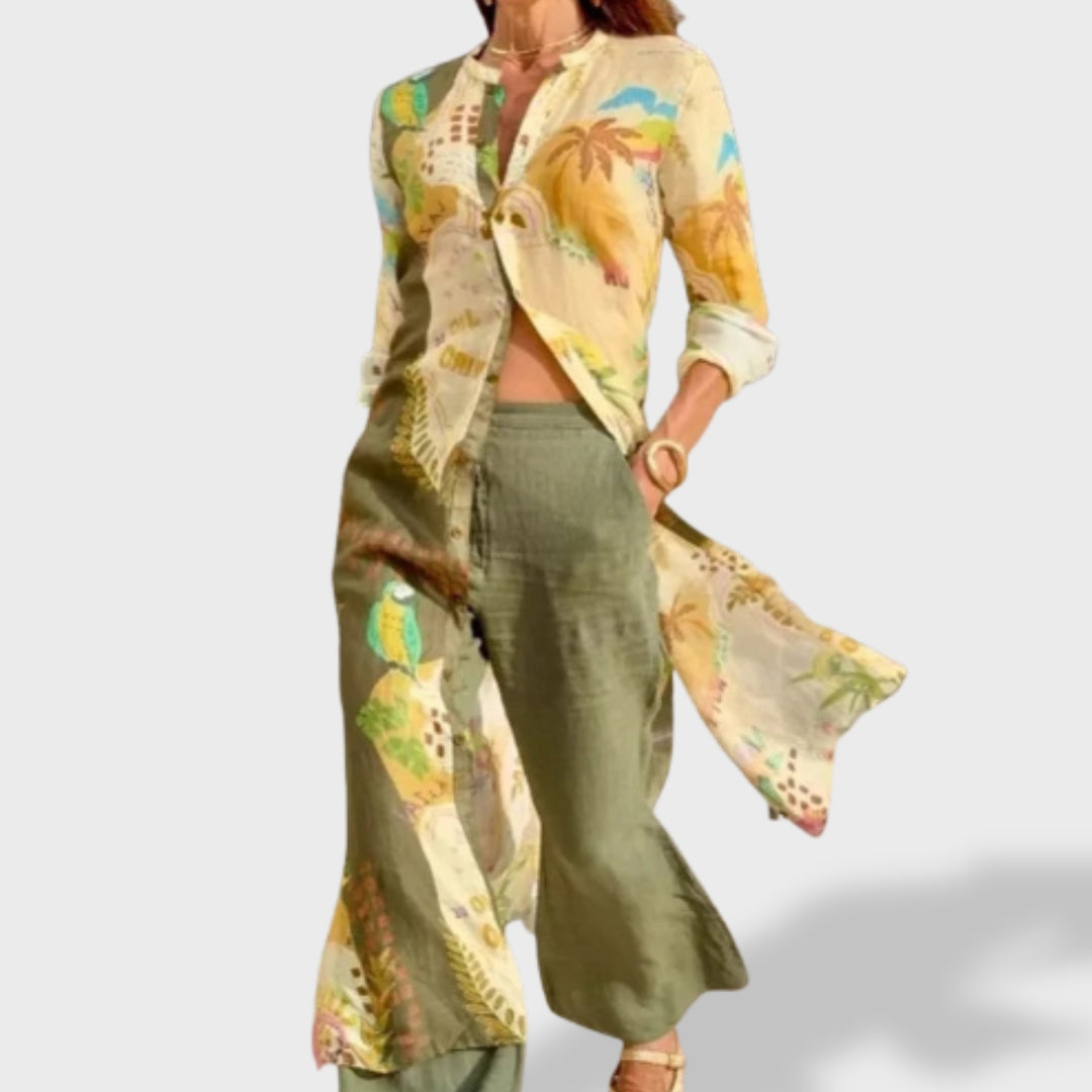 Completo da donna in 2 pezzi con camicia lunga stampata e pantaloni