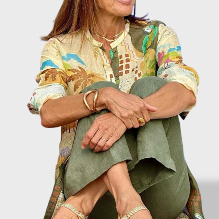 Completo da donna in 2 pezzi con camicia lunga stampata e pantaloni