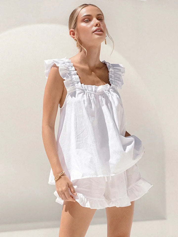 Completo donna top con volant e short estivi