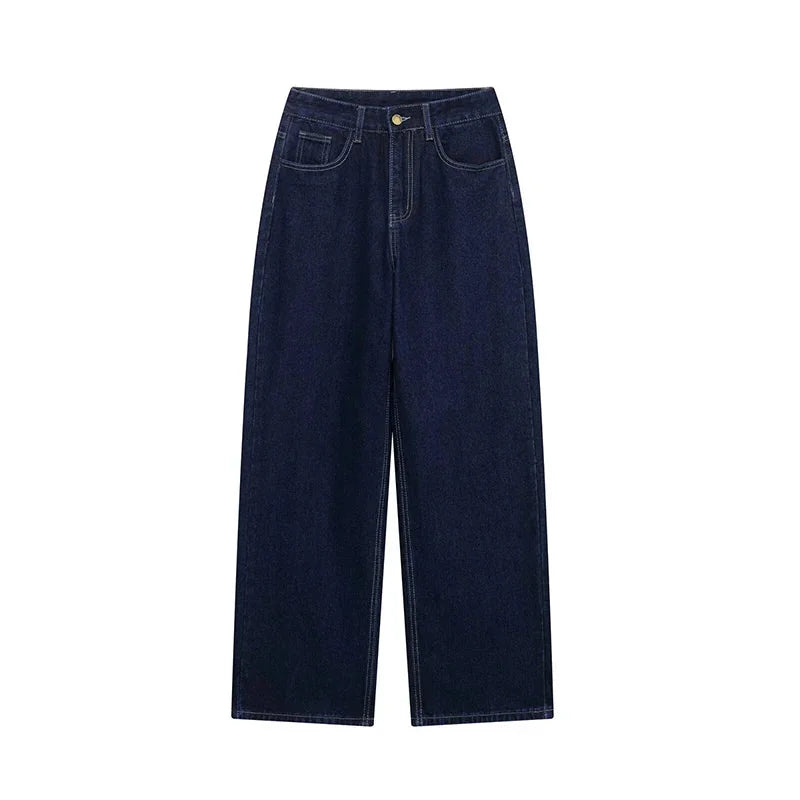 Komplet s páskovanou bundou a širokými džínami z denimu pro ženy