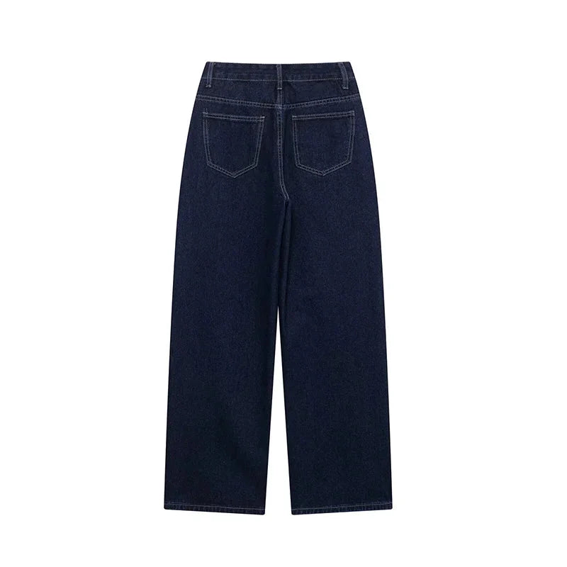 Komplet s páskovanou bundou a širokými džínami z denimu pro ženy