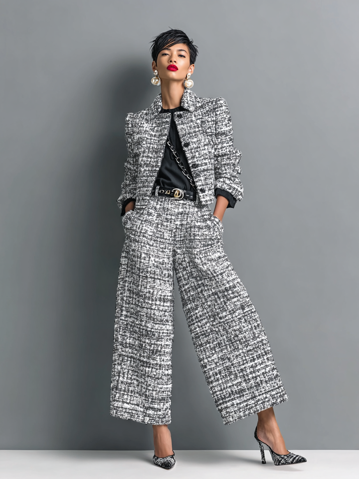 Conjunto femenino elegante con chaqueta texturizada y pantalón ancho