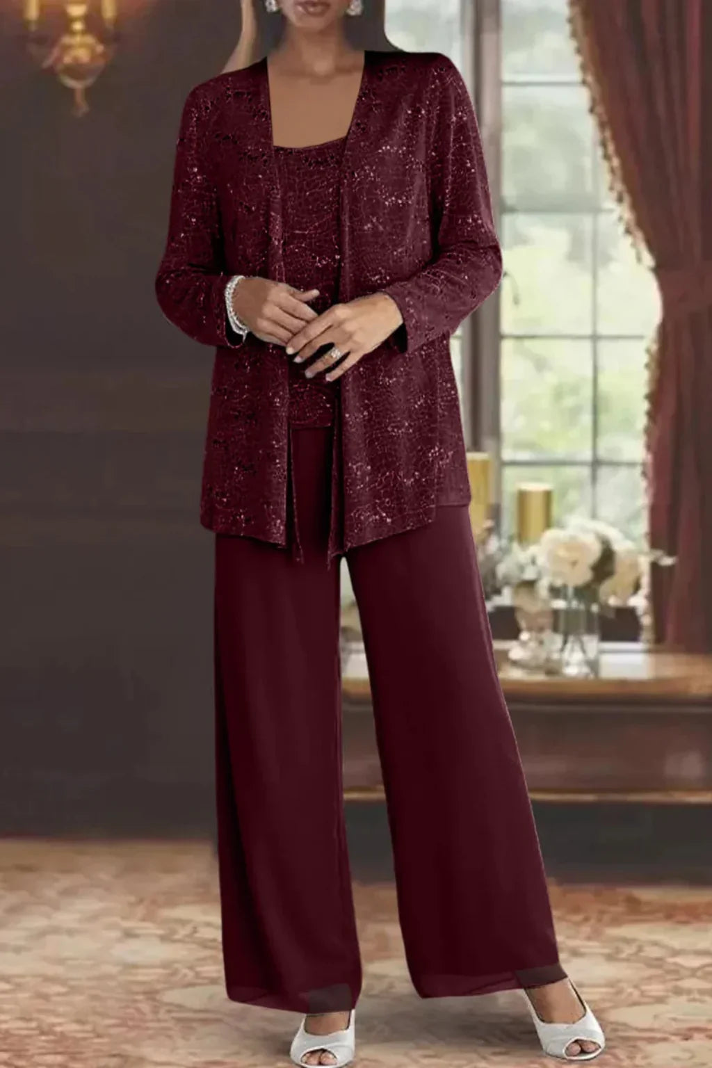 Costume Trois Pièces Dentelle Paillettes Pour Femme