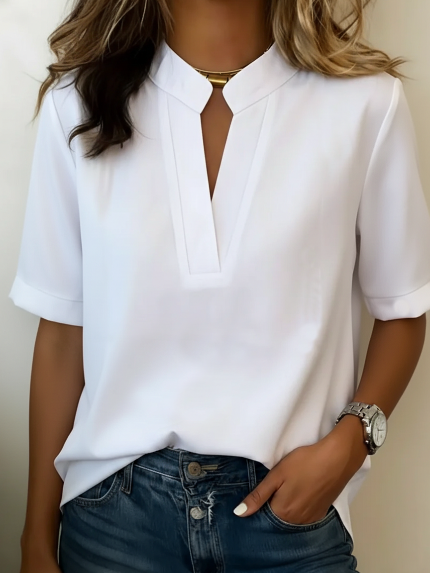 Women's Short-Sleeve V-Neck Blouse with a Relaxed Fit