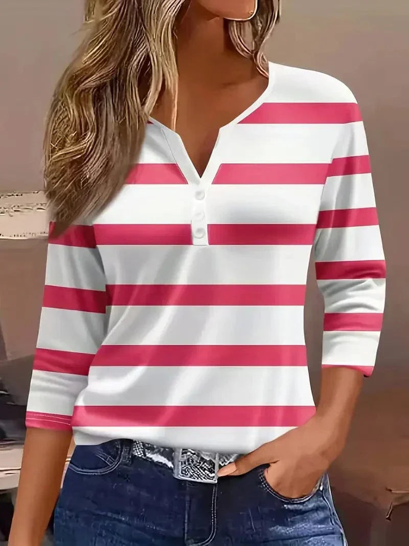 Haut Henley Rayé à Manches Trois-Quarts Pour Femme