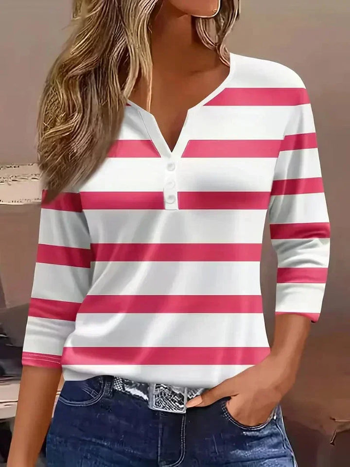 T-shirt donna a righe con scollo a V, bottoni e maniche 3/4, stile casual