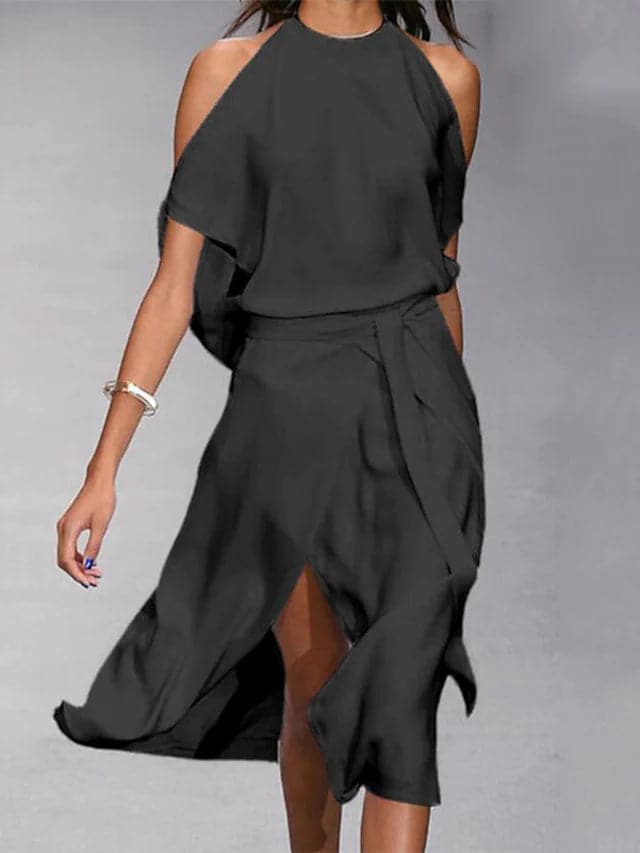 Elegantní midi šaty s halter výstřihem a rozparkem pro ženy