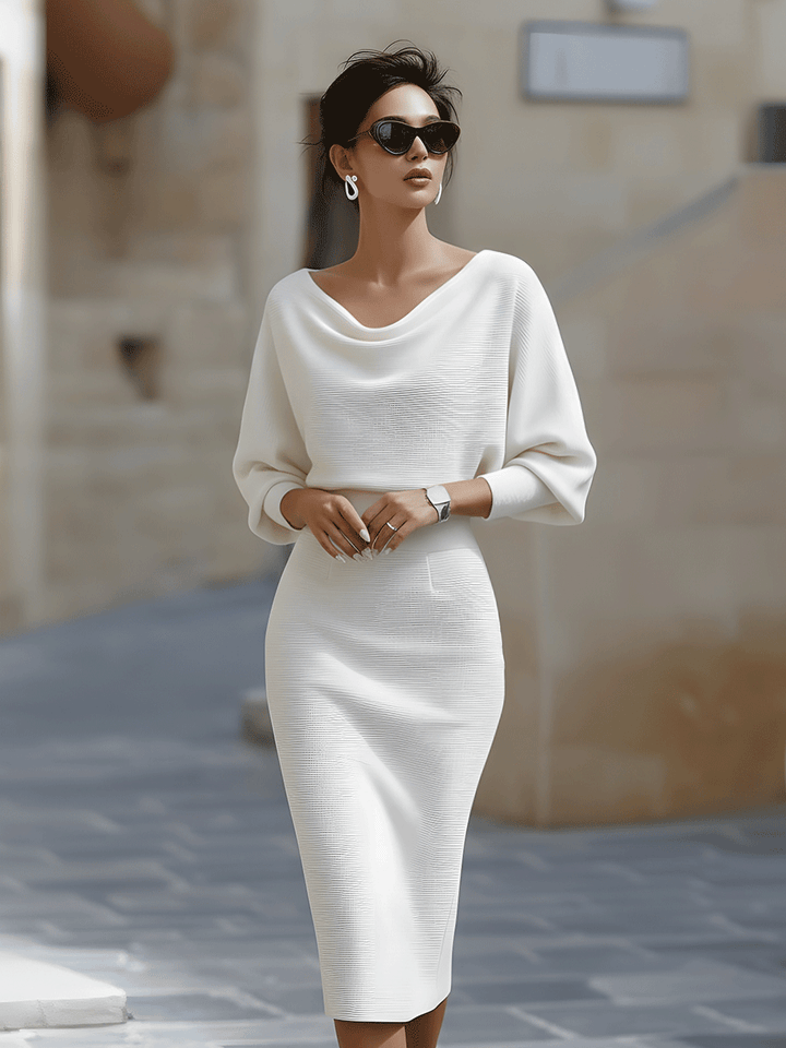 Robe Midi Femme à Col Drapé et Manches Chauve-Souris