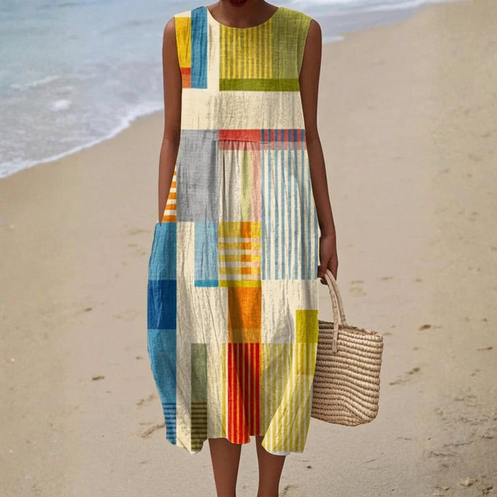 Vestito midi donna senza maniche a righe multicolori