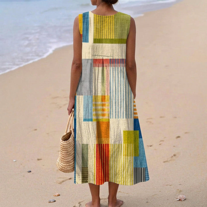 Vestito midi donna senza maniche a righe multicolori