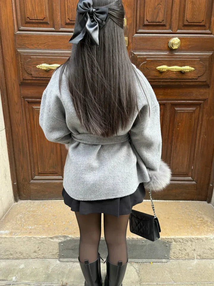 Cappotto da donna effetto cintura con maniche in pelliccia sintetica