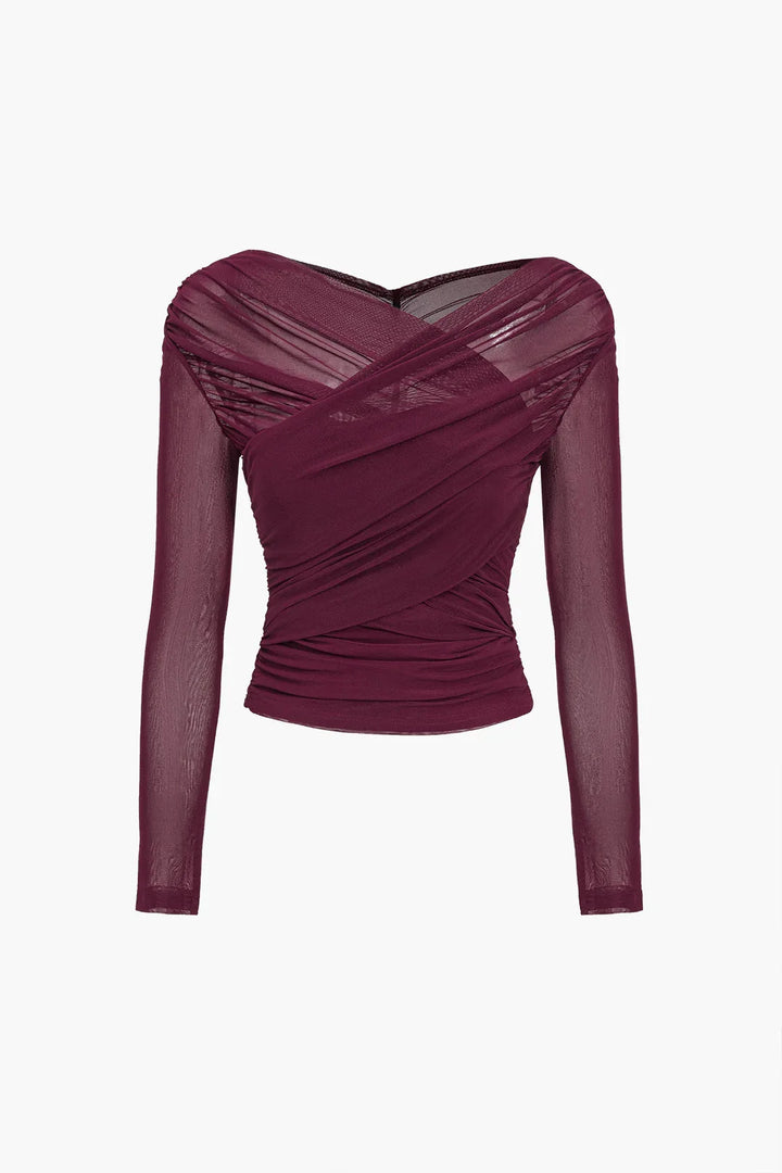 Elegantní překládaný top z průhledné pleteniny s dlouhými rukávy pro ženy