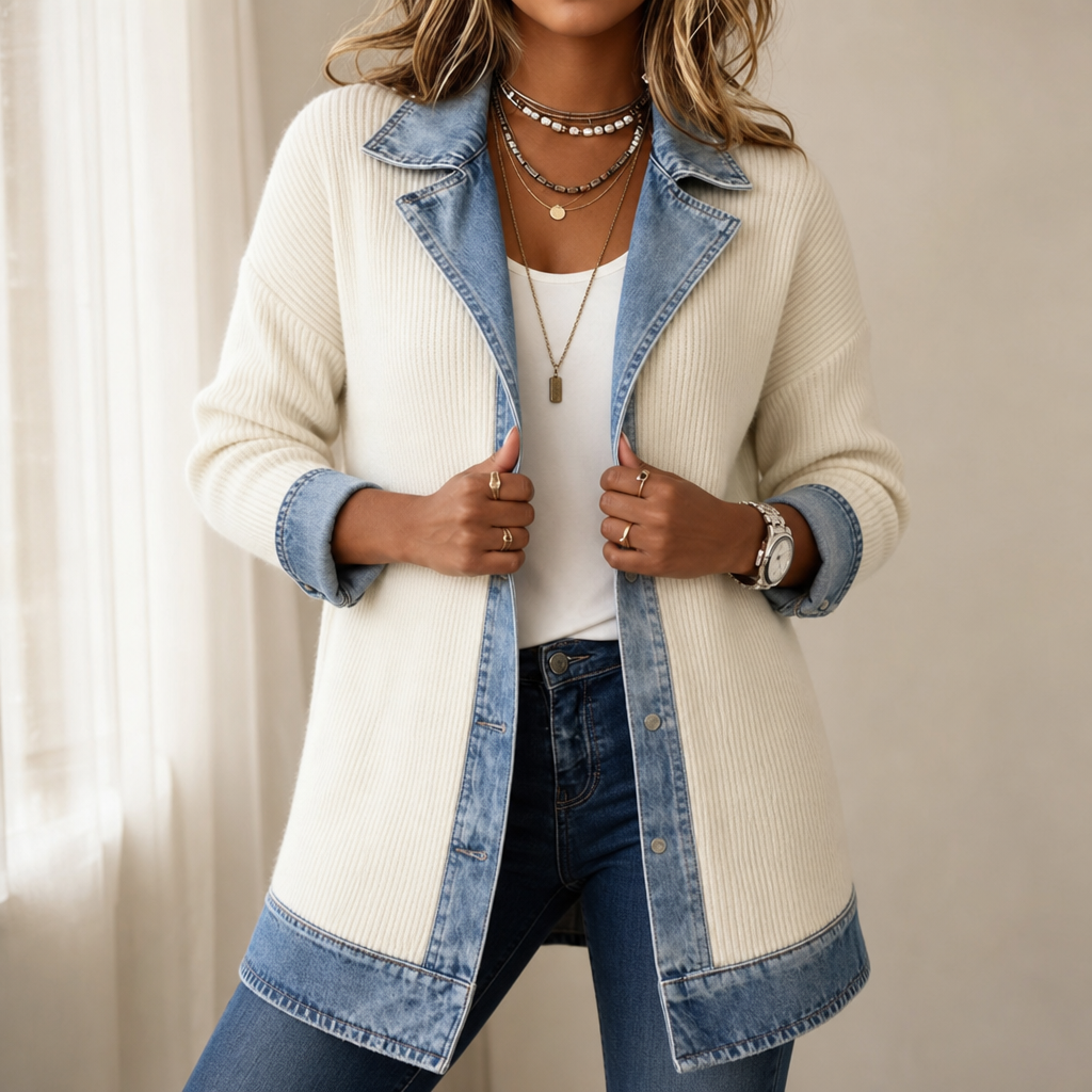 Gilet da donna in maglia a coste con inserti in denim