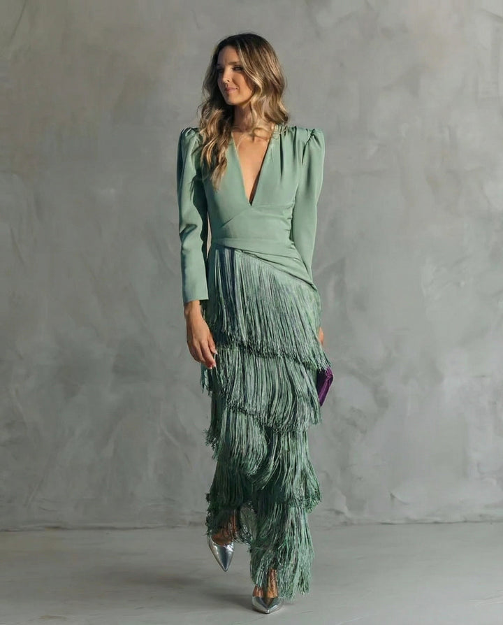 Robe Maxi pour Femmes à Franges avec Décolleté Plongeant et Manches Longues