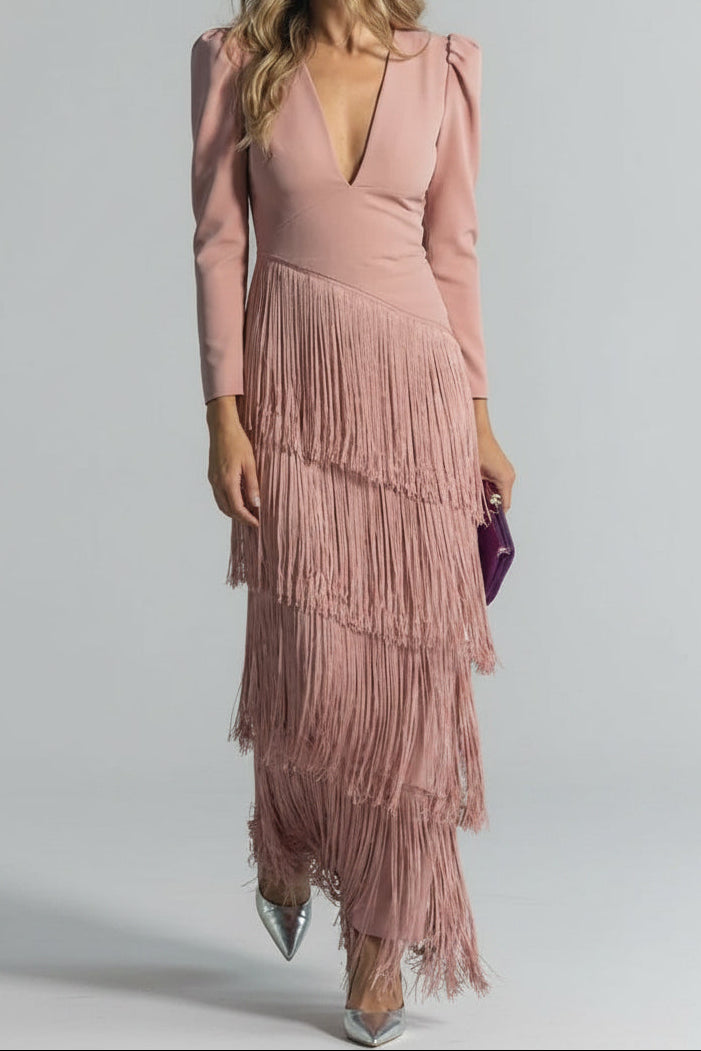 Robe Maxi pour Femmes à Franges avec Décolleté Plongeant et Manches Longues