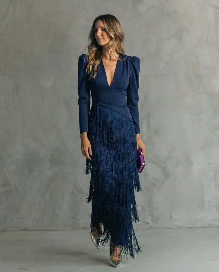 Robe Maxi pour Femmes à Franges avec Décolleté Plongeant et Manches Longues