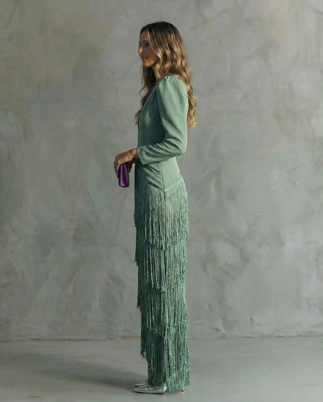 Robe Maxi pour Femmes à Franges avec Décolleté Plongeant et Manches Longues