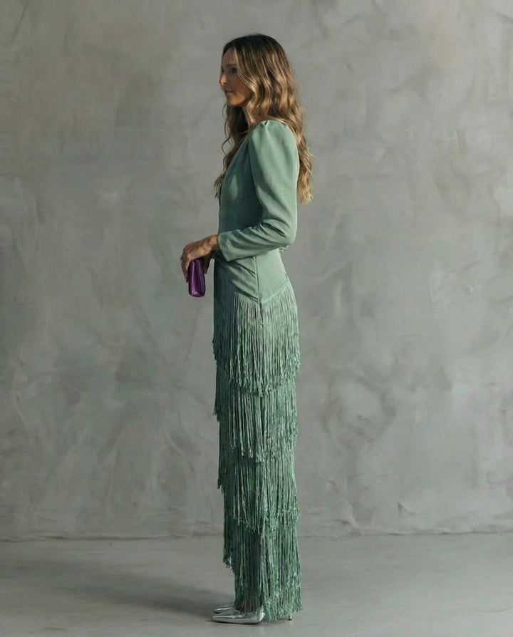 Robe Maxi pour Femmes à Franges avec Décolleté Plongeant et Manches Longues