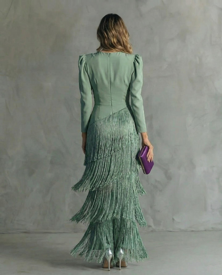 Robe Maxi pour Femmes à Franges avec Décolleté Plongeant et Manches Longues