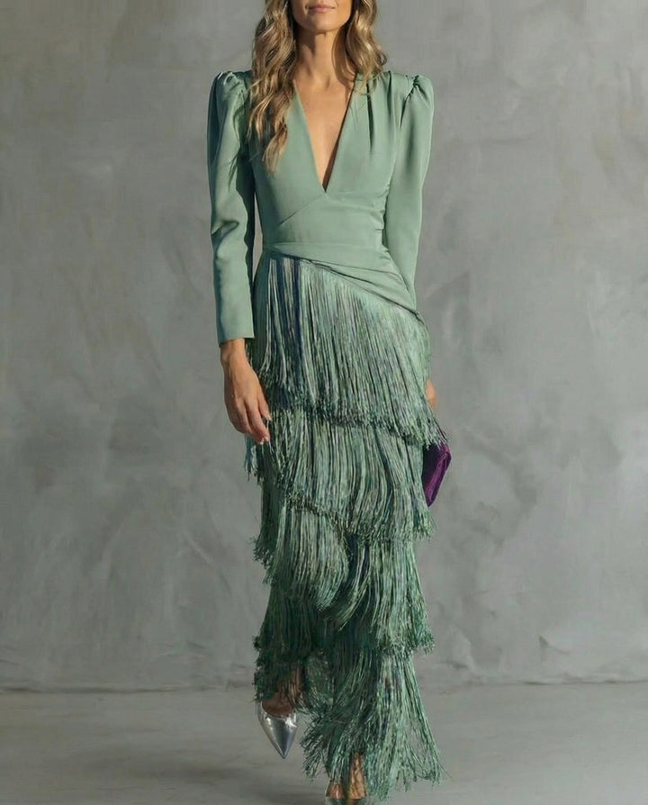 Robe Maxi pour Femmes à Franges avec Décolleté Plongeant et Manches Longues